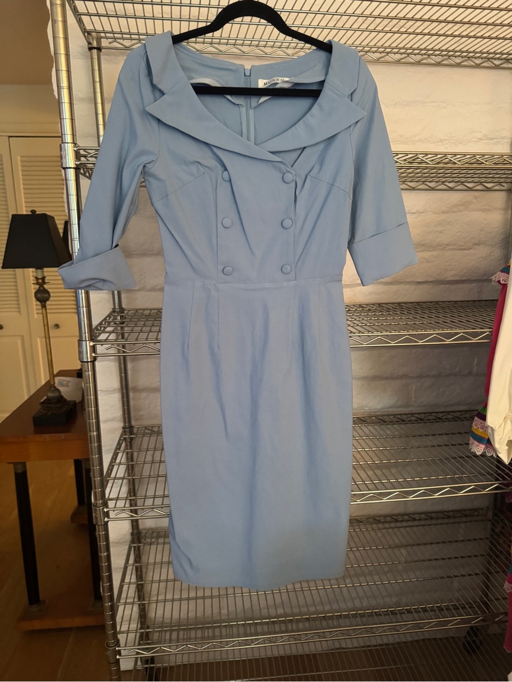 Classic Powder Blue Midi Sheath Dress with Double-Breasted Bodice